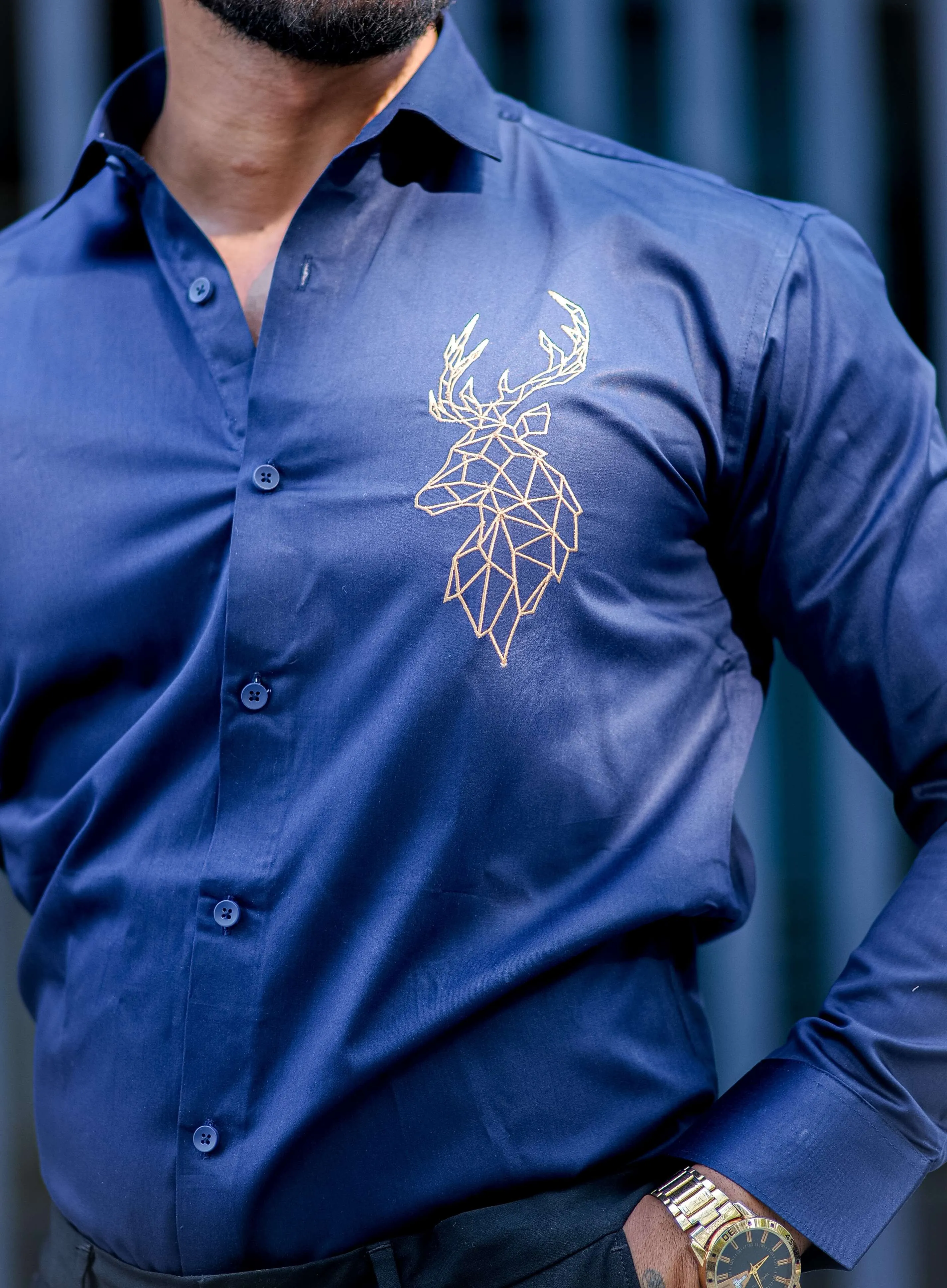 Deer Golden Embroidered Navy Blue  Premium Cotton Shirt