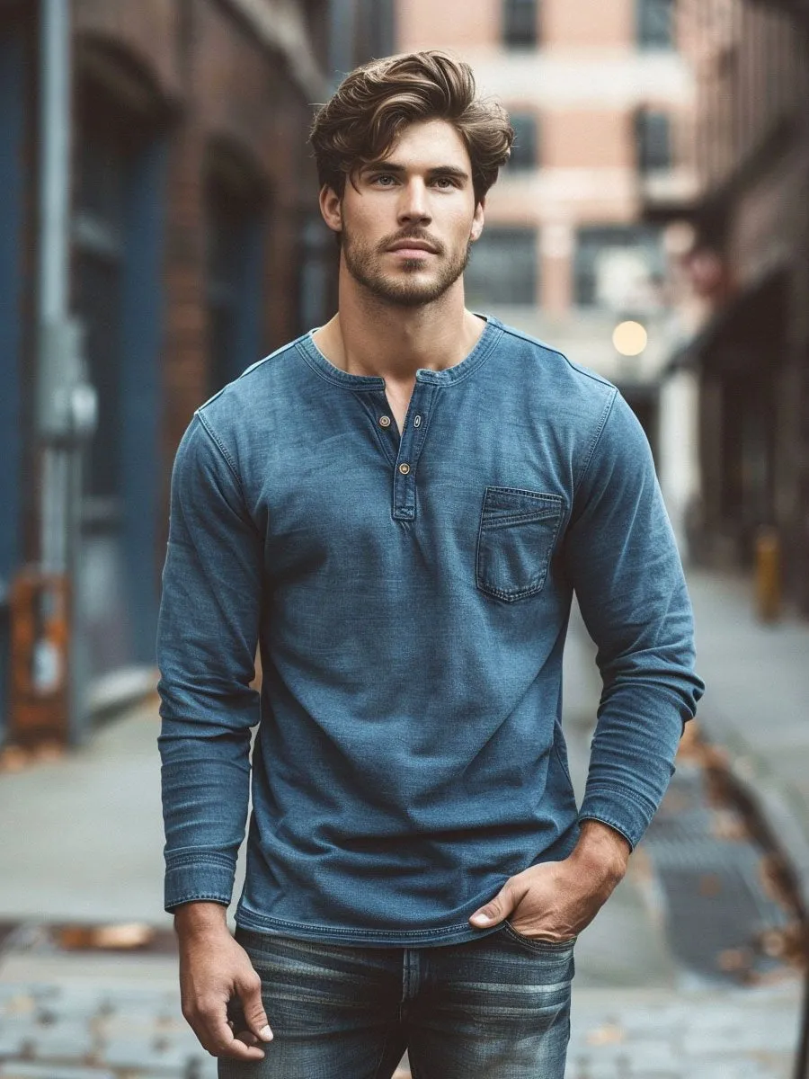 Men's Denim Blue All-Match Casual Henley Collar Long Sleeve T-Shirt