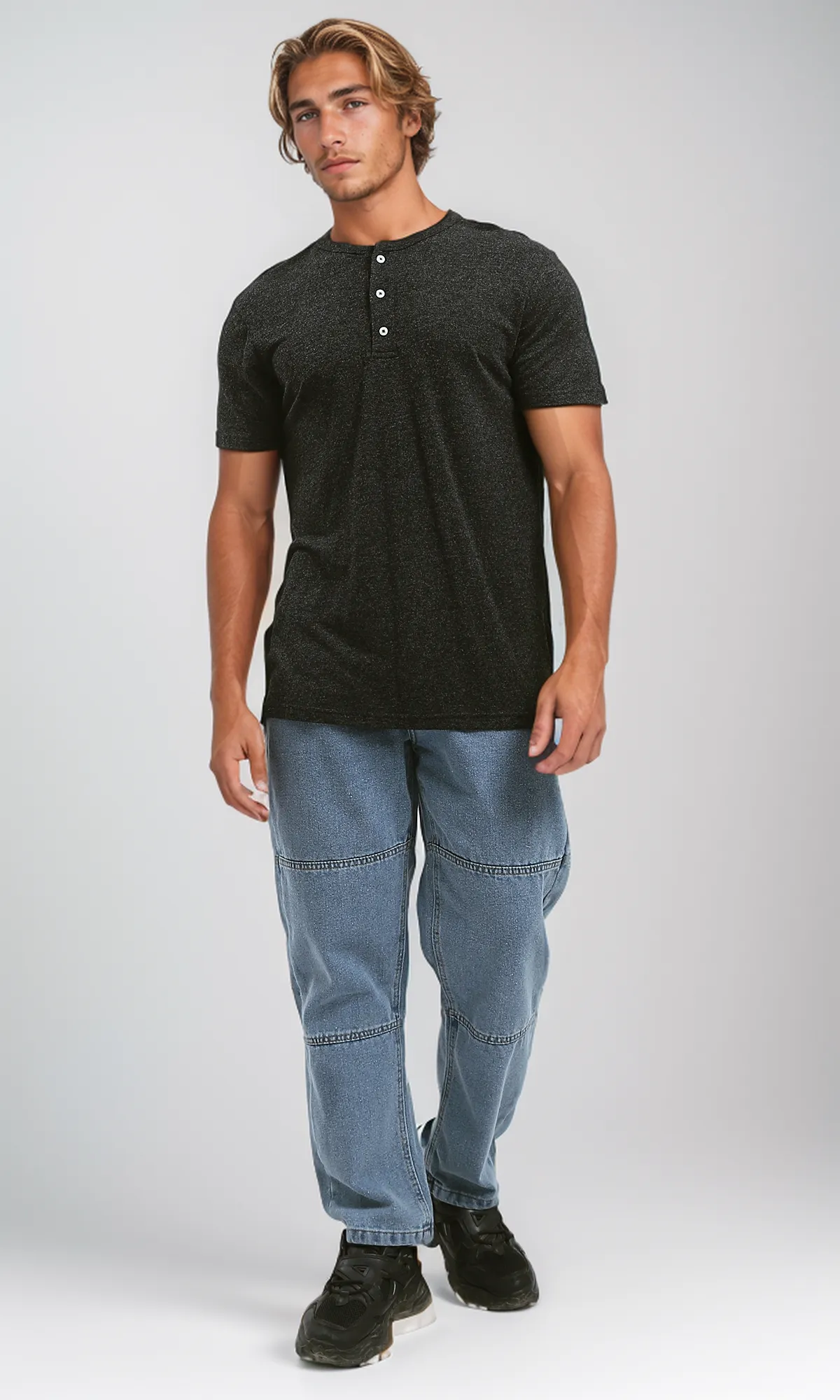 O192771 Heather Black Summer Cotton Henley Shirt